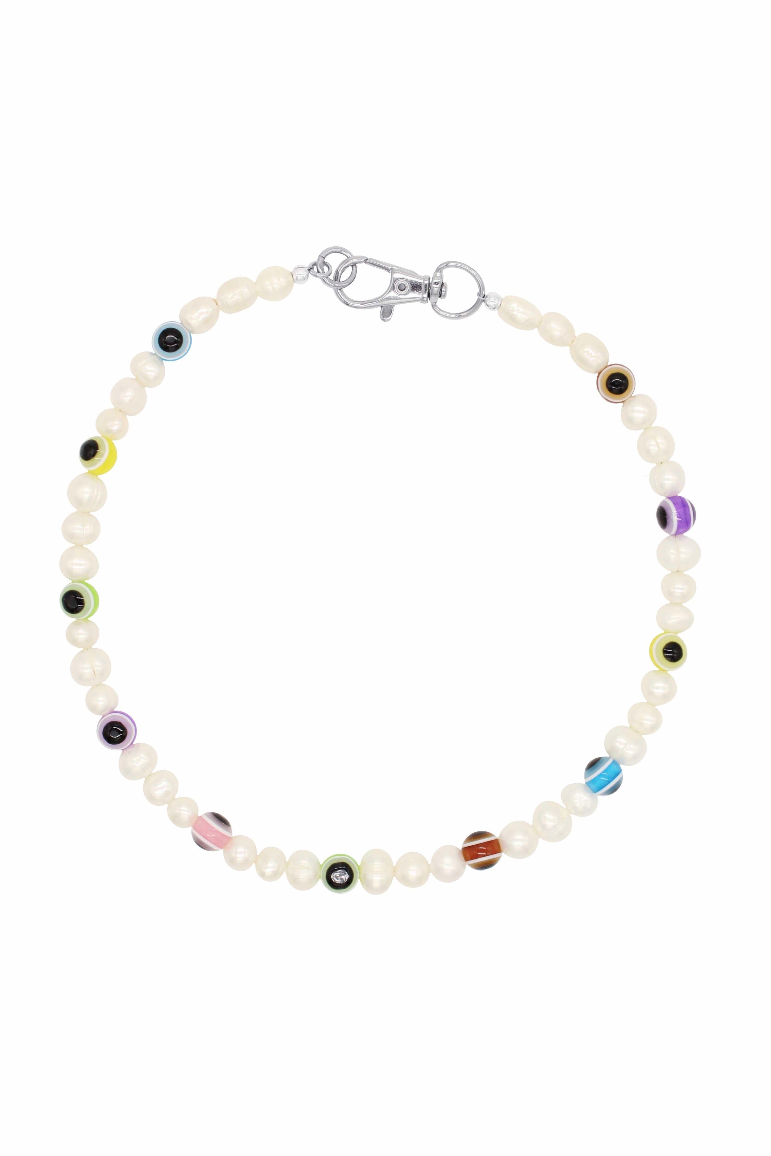 Evil Eye Multicolor - Natural Pearl Necklace With Multicolor Eye Ceramic Beads 16″.