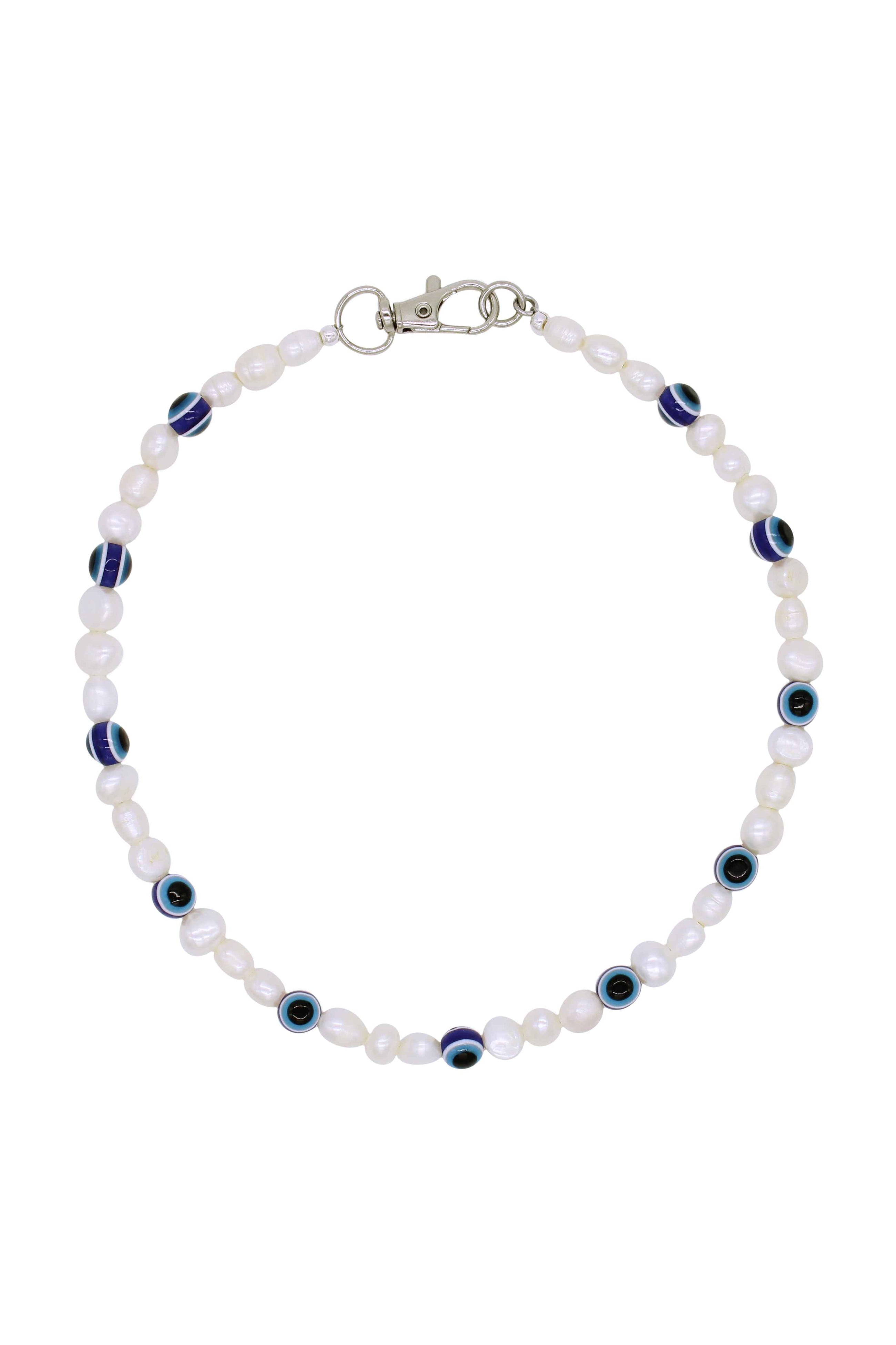 Evil Eye Necklace - Natural Pearl Necklace With Eye Glass Beads 16″.