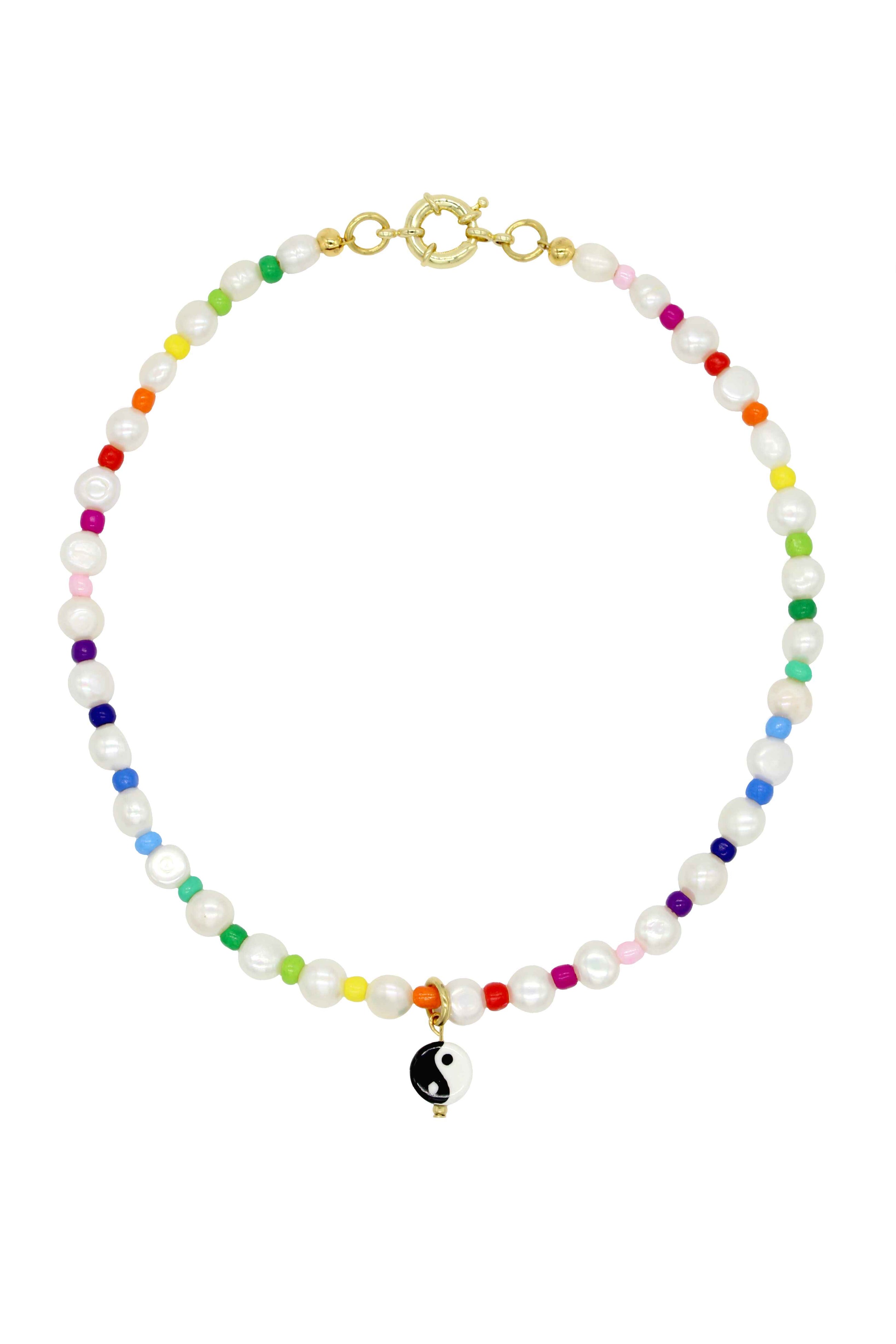 Yin Yang Rainbow - Pearl Necklace With Ceramic Yin Yang Charm 16.5″.