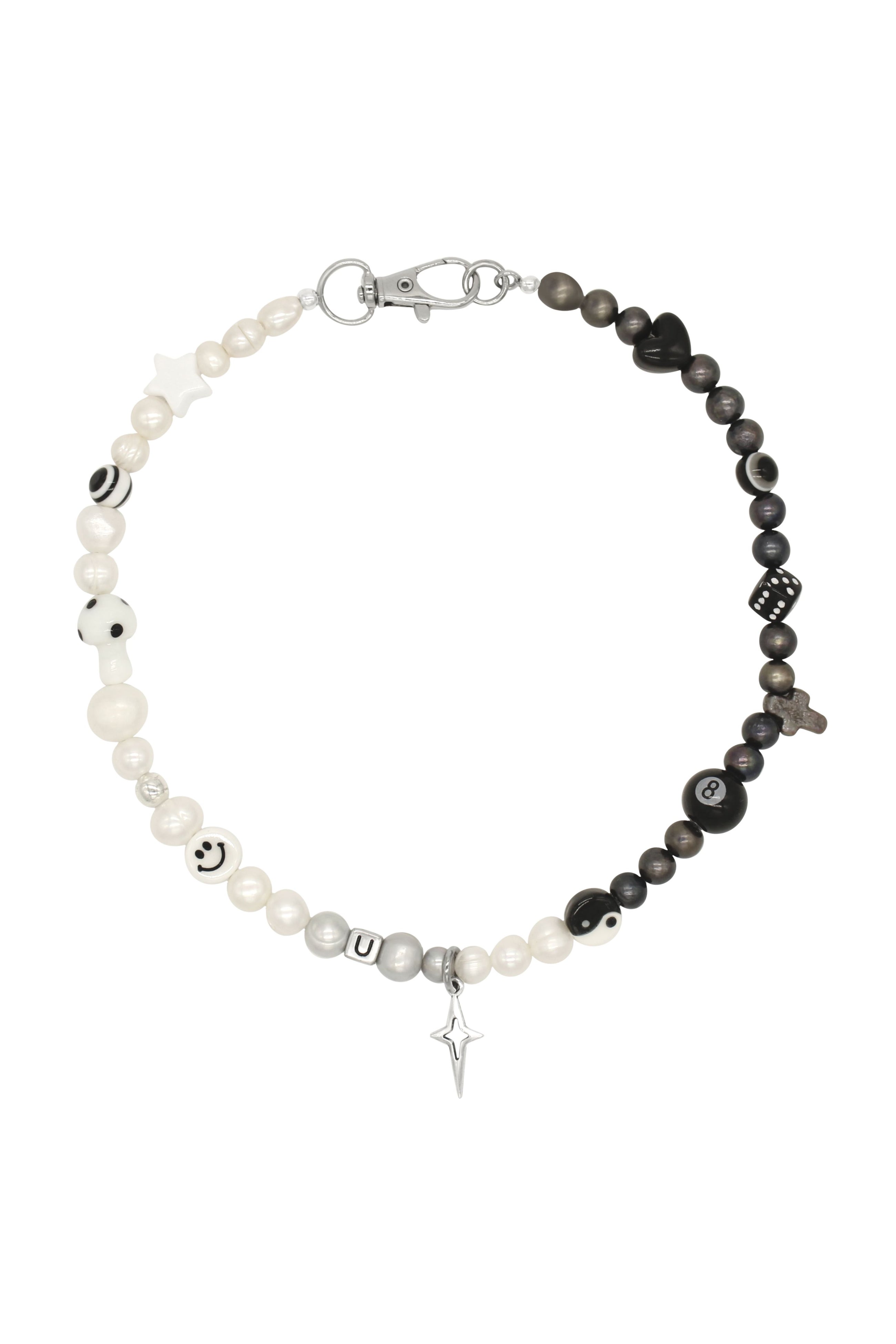 Coffee nā Cream - Natural White And Black Pearls Necklace With Steel Star Charm 16ā³.
