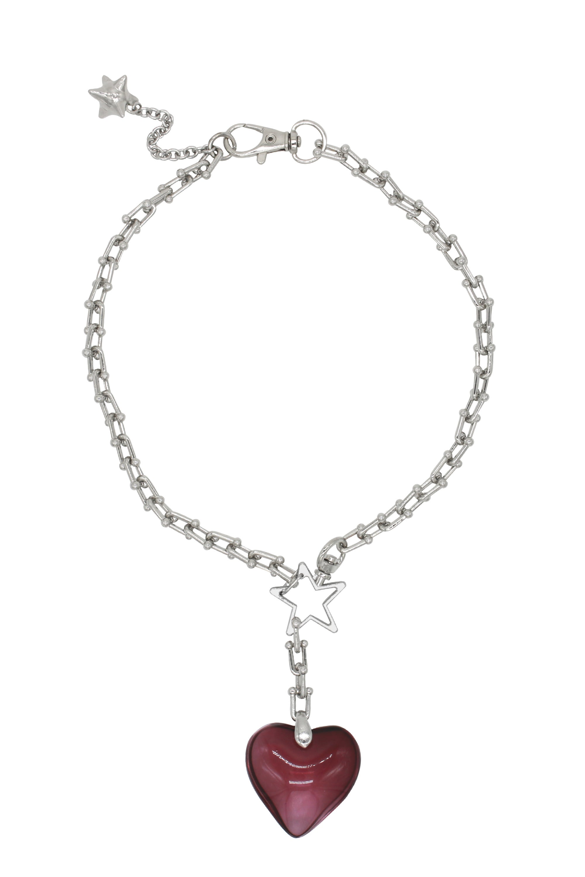 Blaze Heart - Steel Chain Necklace With Acrylic Red Heart Charm 16 