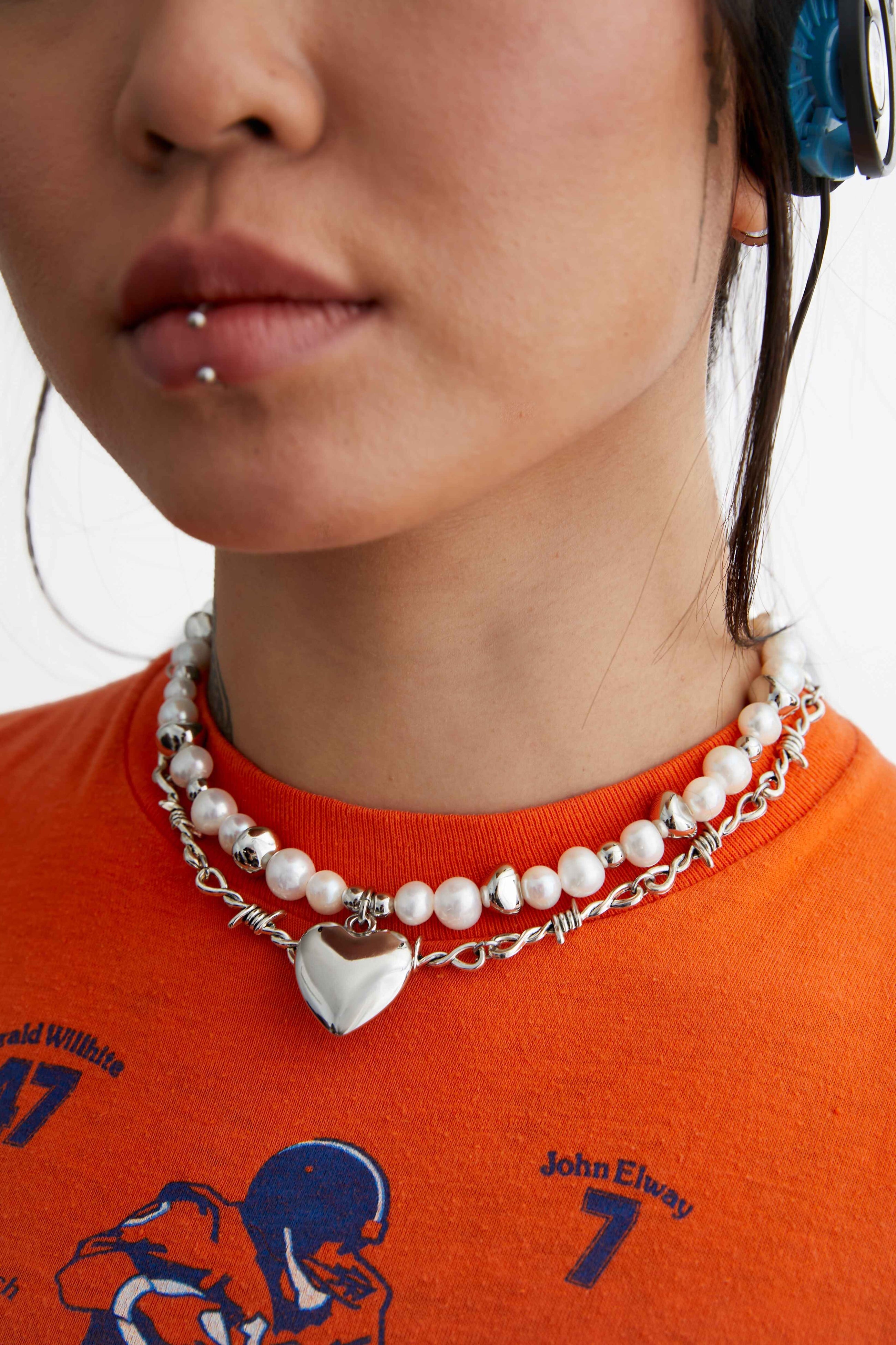 Steel Heart - Freshwater Pearl Necklace With Steel Heart Charm 16″.