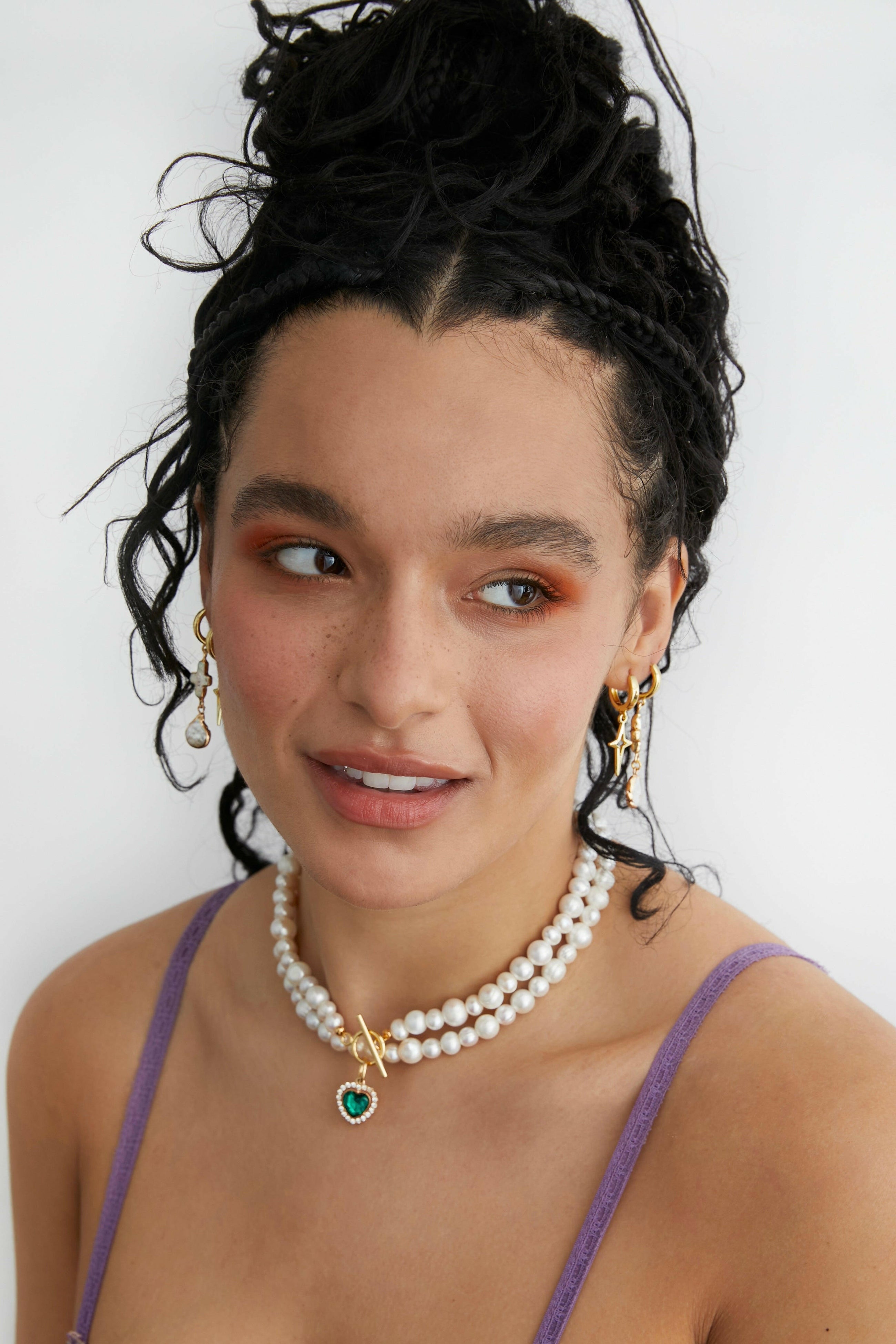 Milena Emerald - Freshwater Pearl Necklace With Green Heart Charm 16.5″.