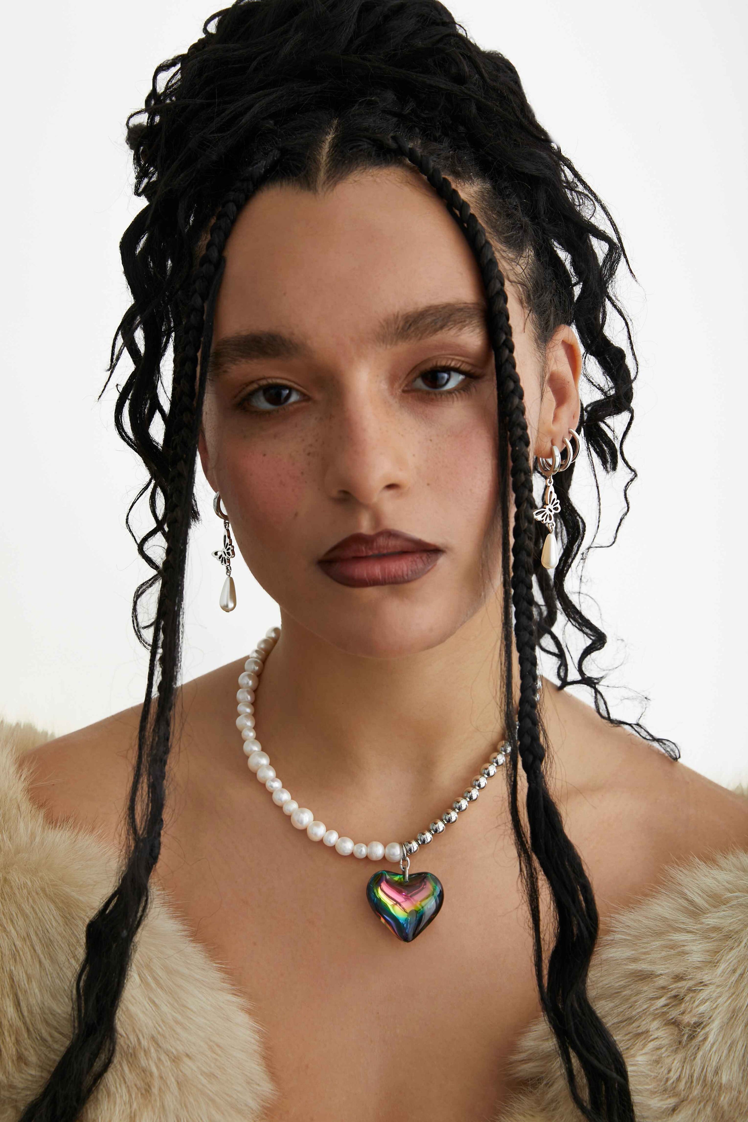 Dragon Eye - Freshwater Pearl And Steel Beads Necklace With Heart Charm 16.5″.