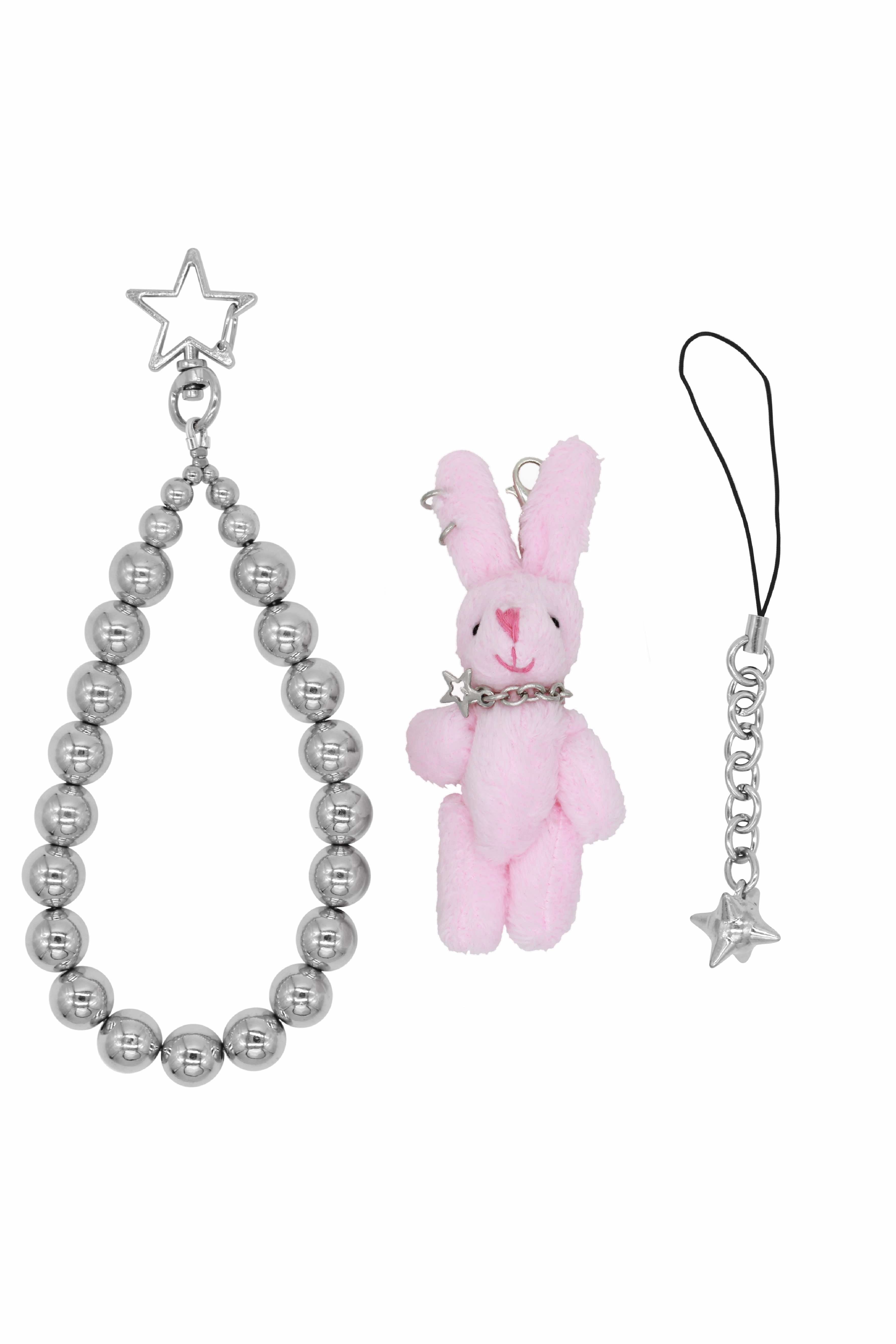 Steel Beads Phone Strap With Pink Rabbit Toy | Velvet Luna