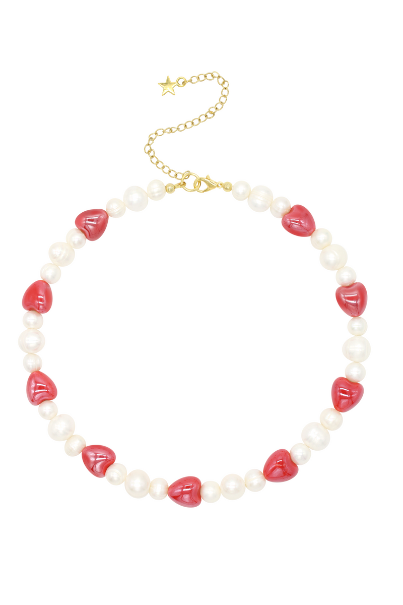 Pearl Choker With Ceramic Hearts 16″