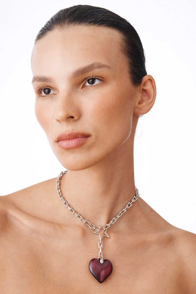 Blaze Heart - Steel Chain Necklace With Acrylic Red Heart Charm 16″.