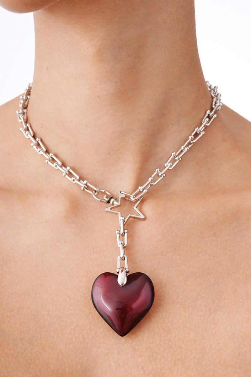 Blaze Heart - Steel Chain Necklace With Acrylic Red Heart Charm 16″.