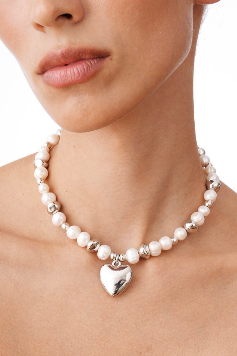 Steel Heart - Freshwater Pearl Necklace With Acrylic Heart Charm 15.7″
