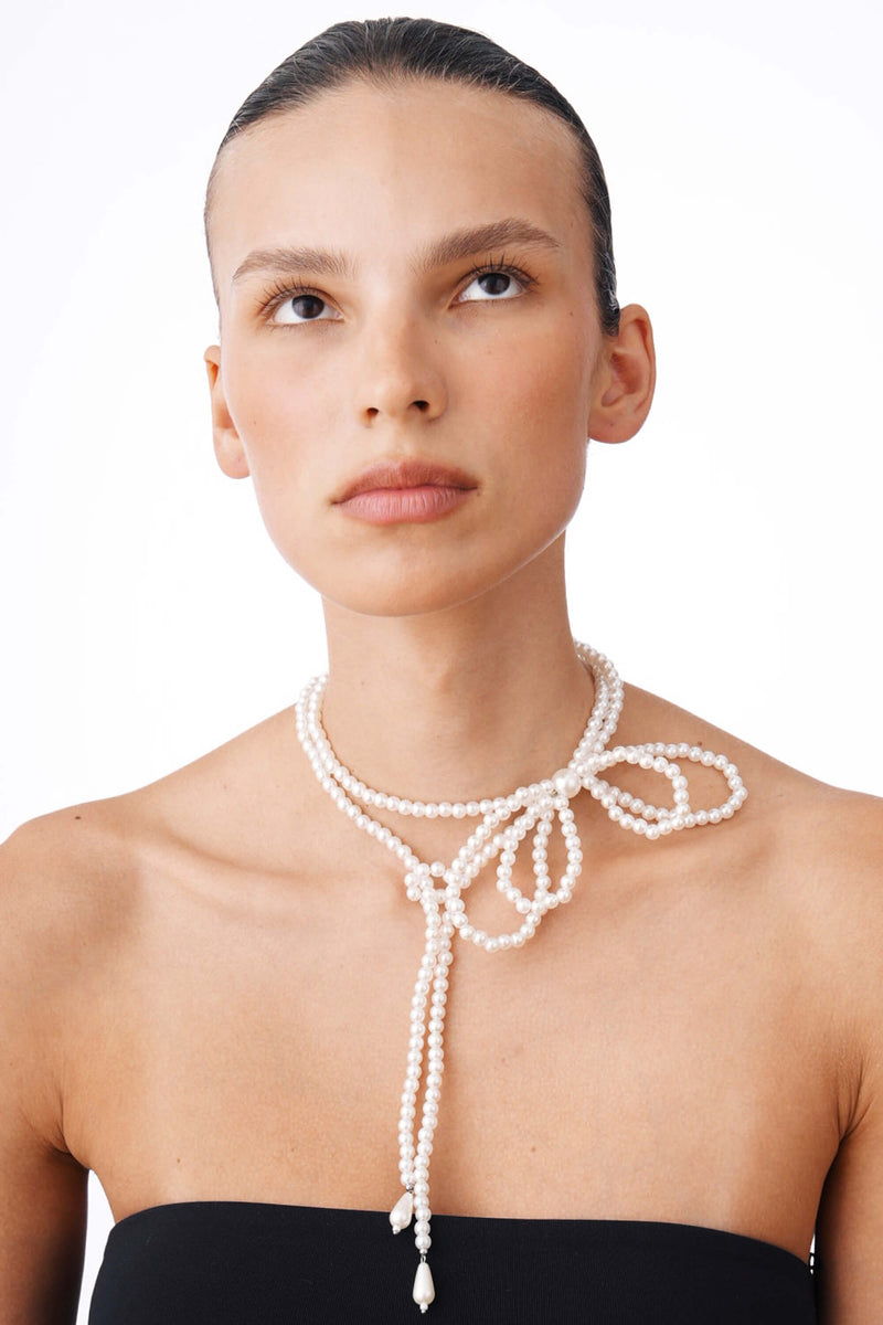 Pearl Bow Wrap Necklace 42.5"