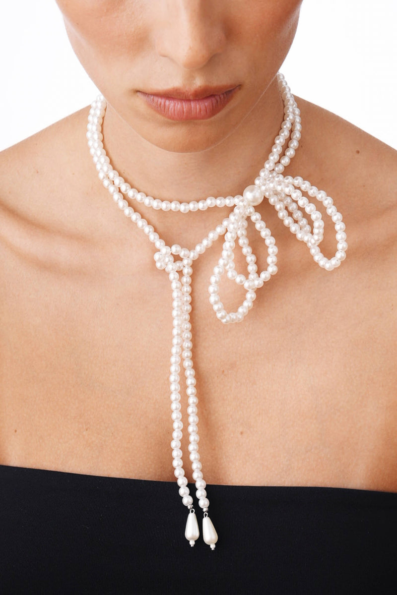 Pearl Bow Wrap Necklace 42.5".