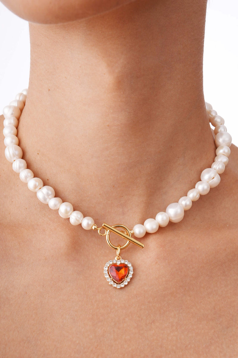 Milena Red - Freshwater Pearl Necklace With Red Heart Charm 15.0″