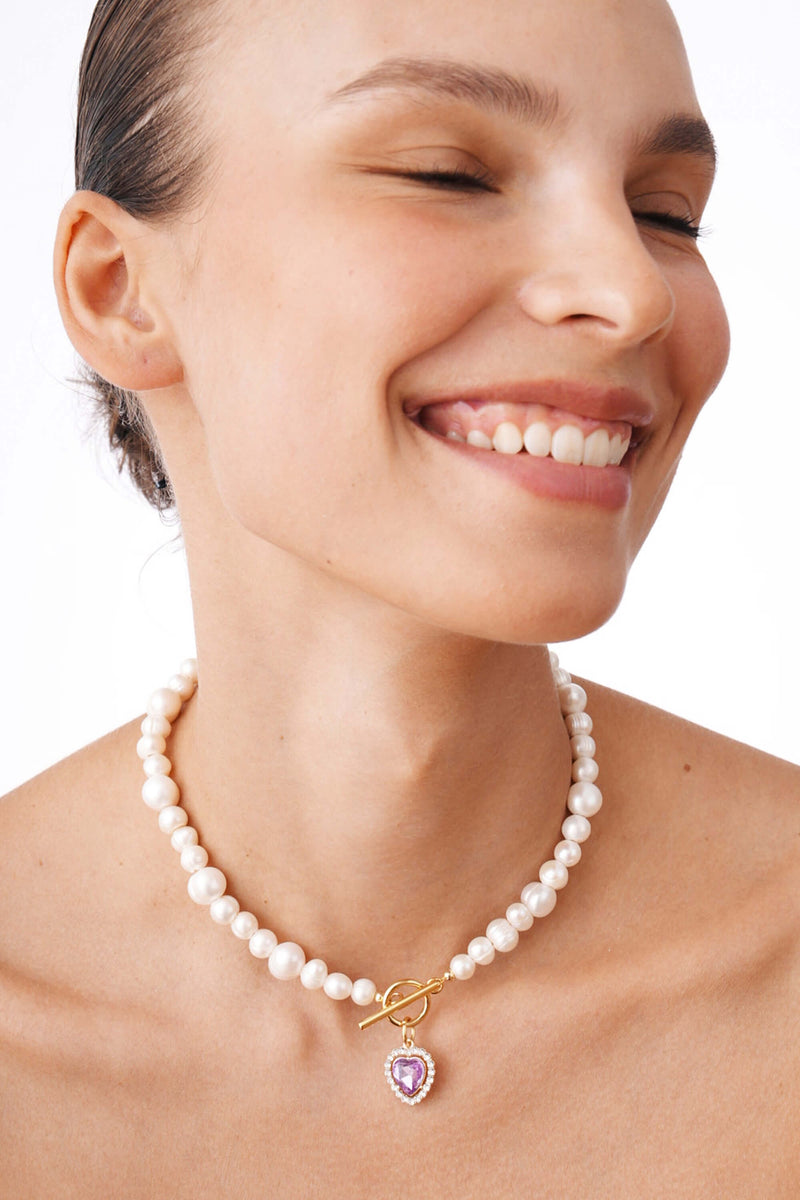Milena Lavender - Freshwater Pearl Necklace With Lavender Heart Charm 15.0″