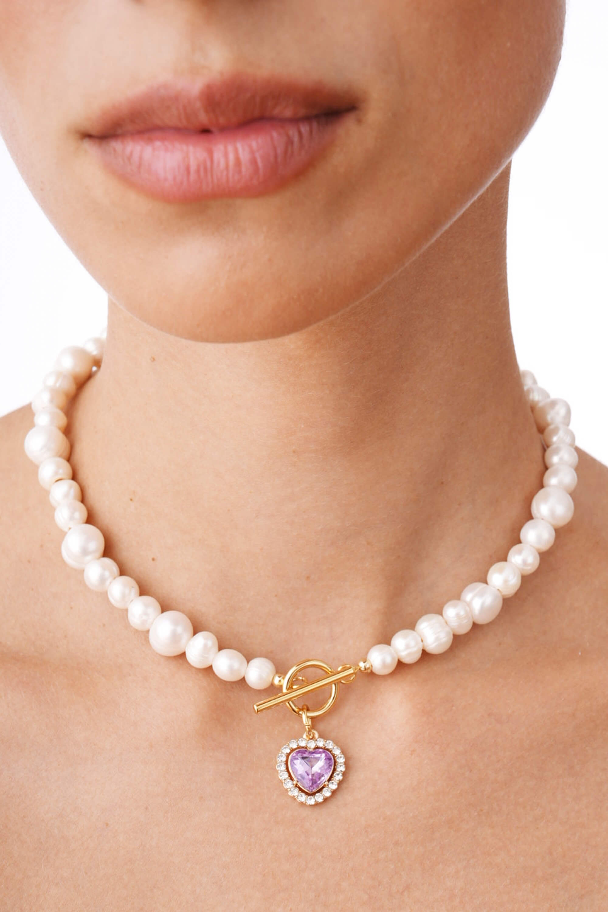 Milena Lavender - Freshwater Pearl Necklace With Lavender Heart Charm 16.5″.