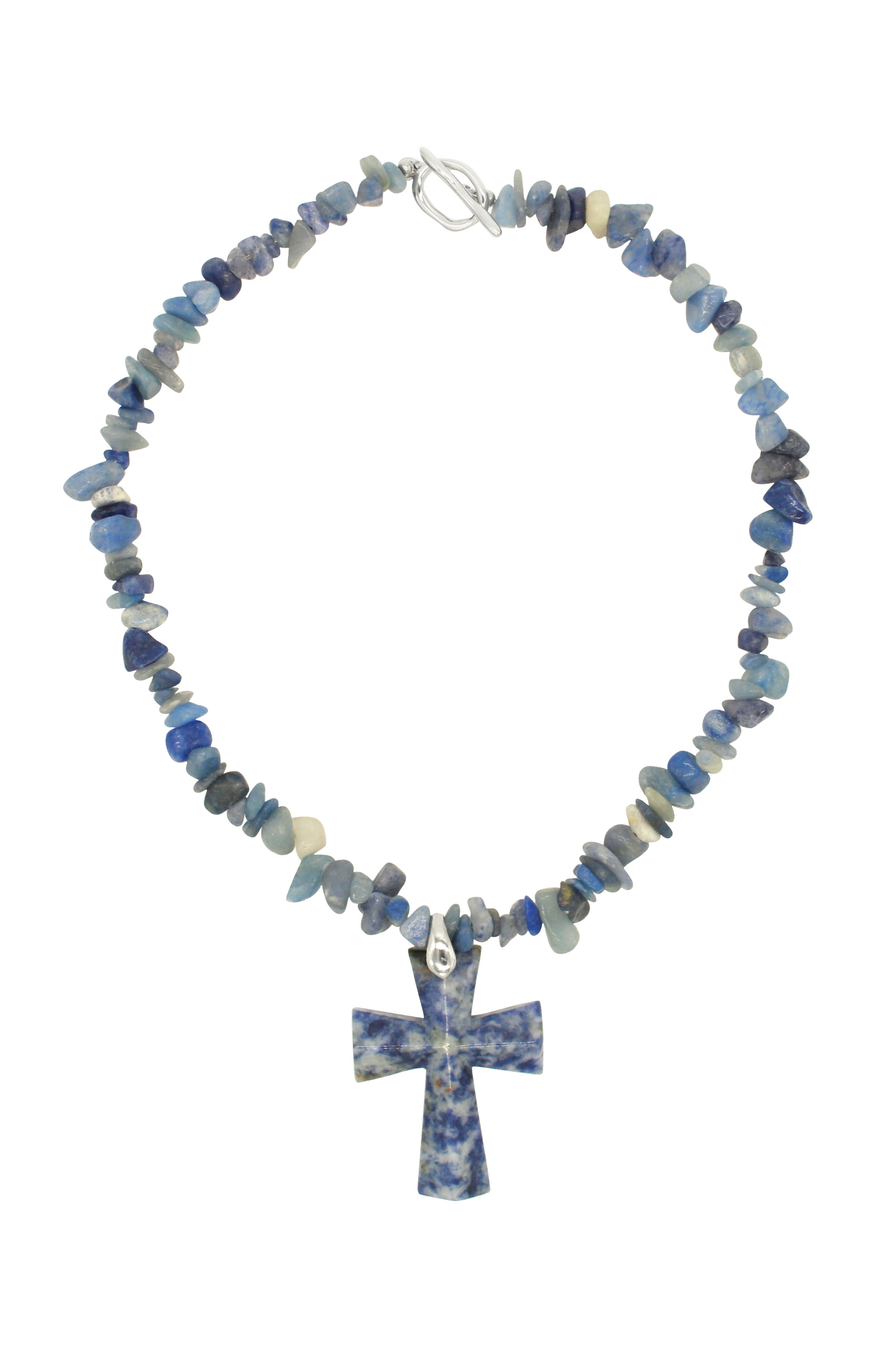 Blue Jasper Beads Cross Pendant Necklace 16.5