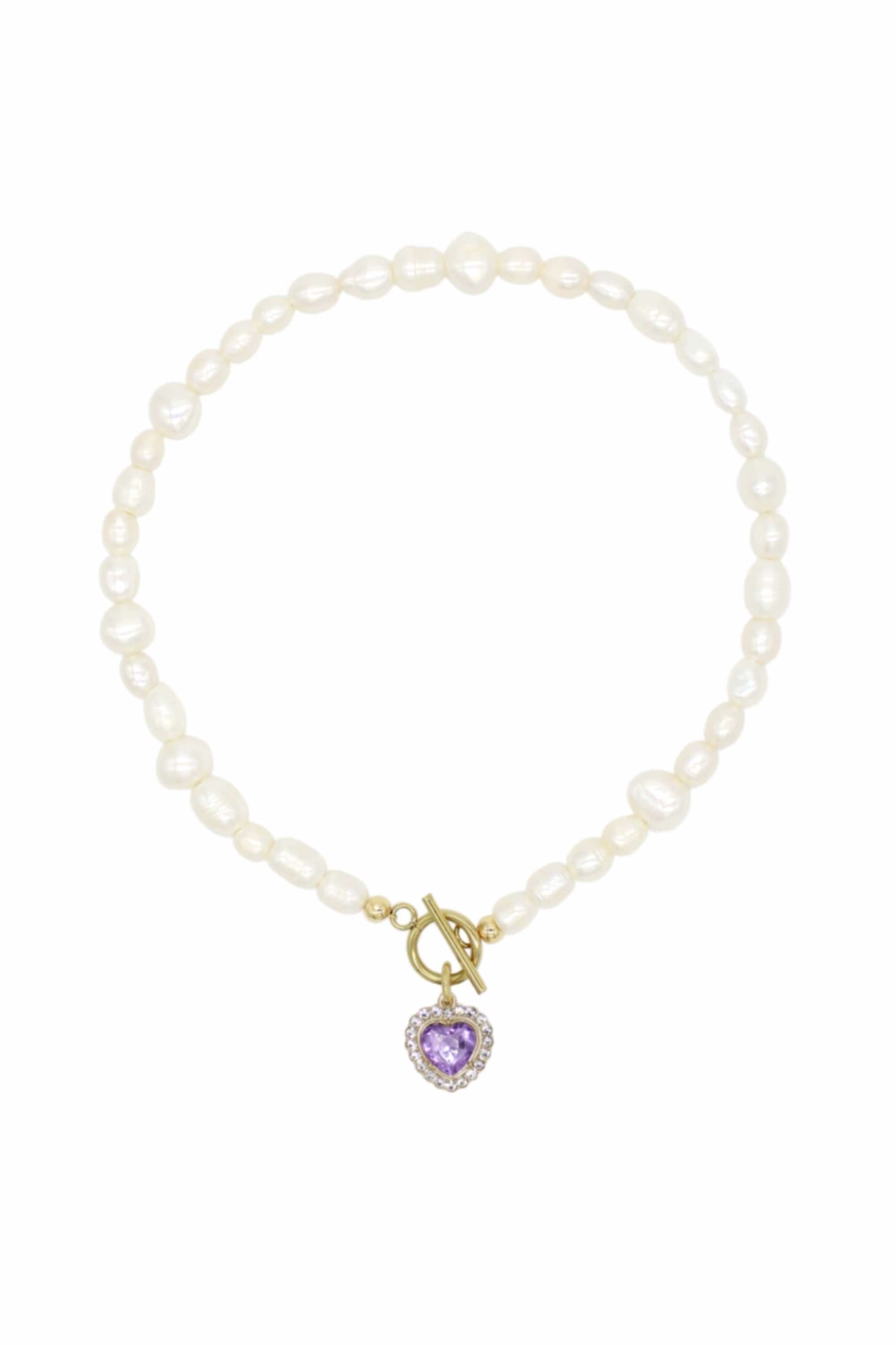 Milena Lavender - Freshwater Pearl Necklace With Lavender Heart Charm 16.5″.