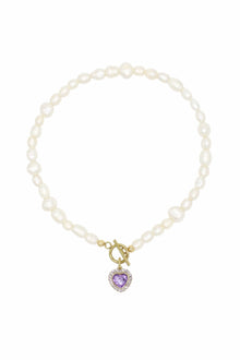 Milena Lavender - Freshwater Pearl Necklace With Lavender Heart Charm 16.5″.