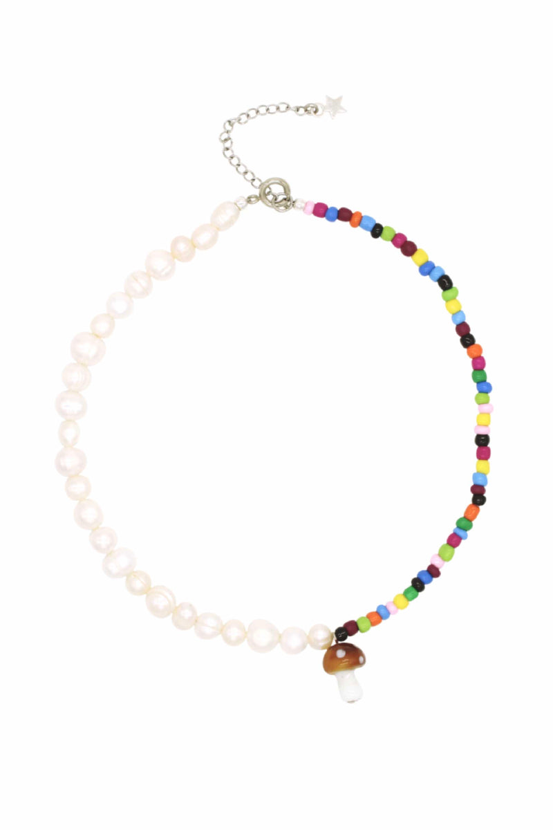 Pearls & Rainbow - Freshwater Pearl And Beads Necklace With Glass Mushroom 14.2″
