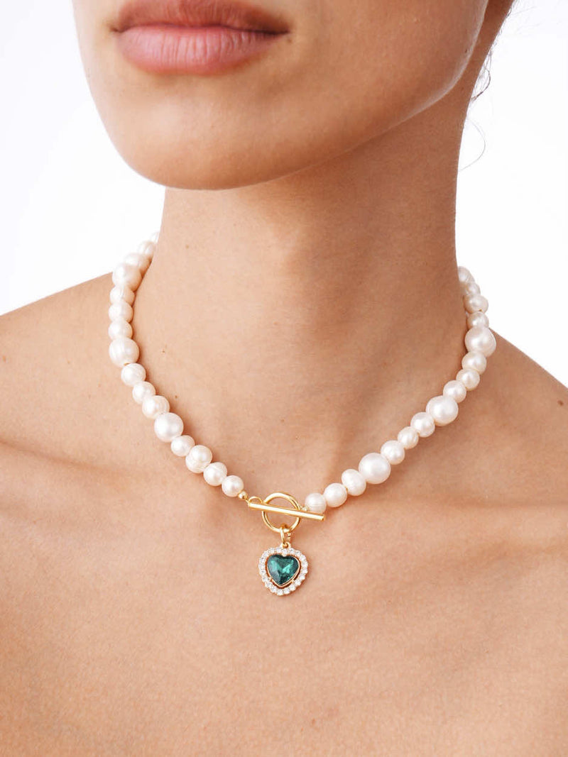 Milena Emerald - Freshwater Pearl Necklace With Green Heart Charm 15.0″