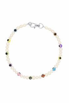 Evil Eye Multicolor - Natural Pearl Necklace With Multicolor Eye Ceramic Beads 16″