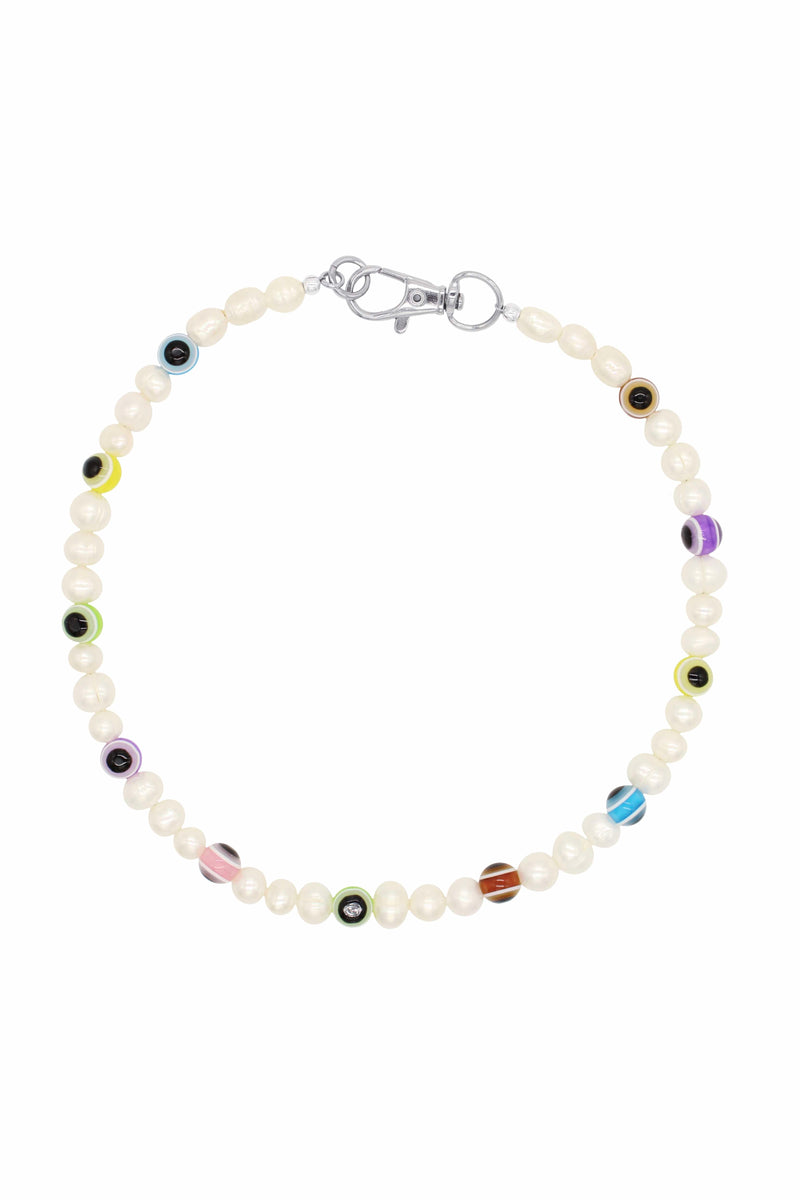 Evil Eye Multicolor - Natural Pearl Necklace With Multicolor Eye Ceramic Beads 16″