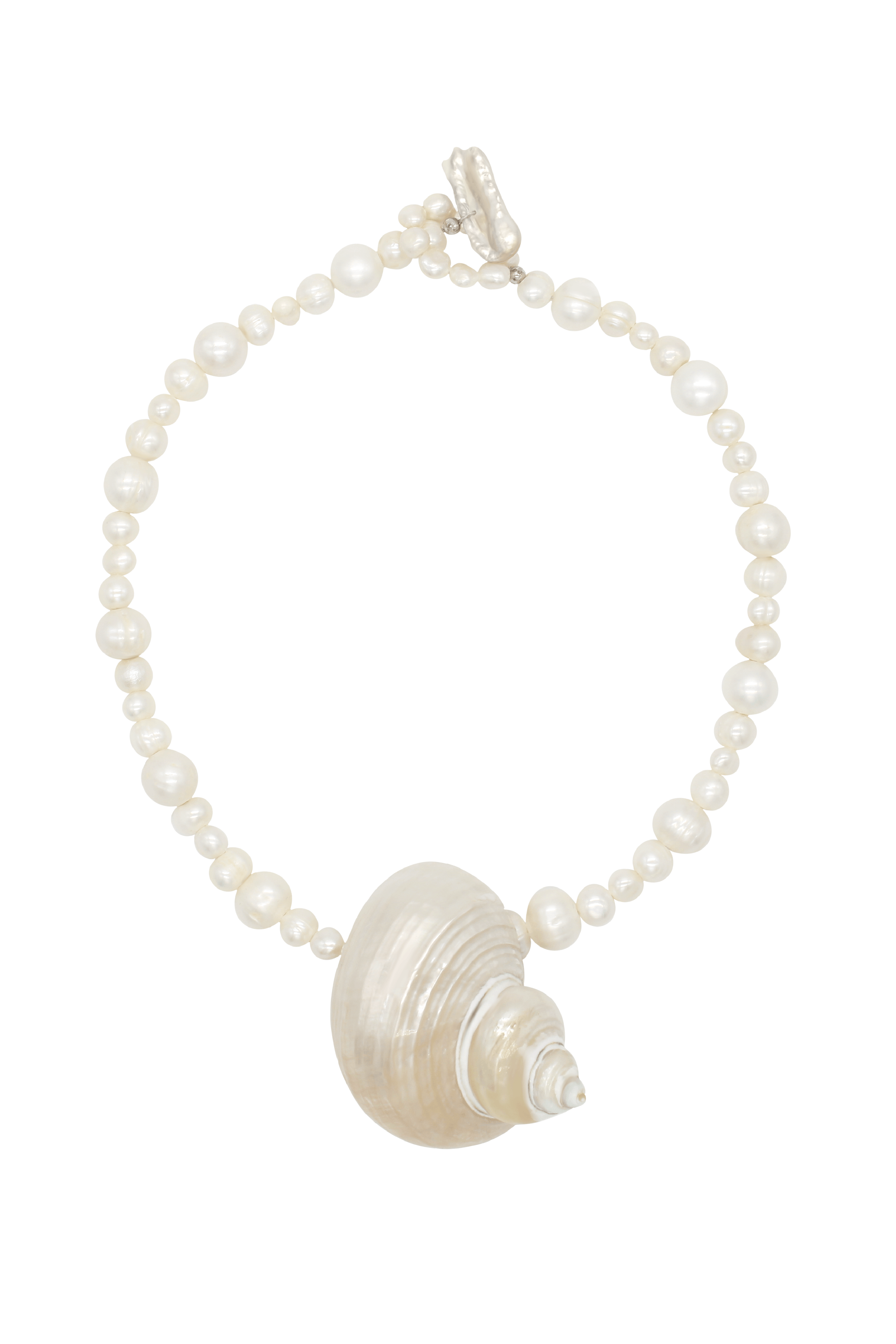 Teresa - Natural Pearls Statement Necklace With Seashell Pendant 16.5"