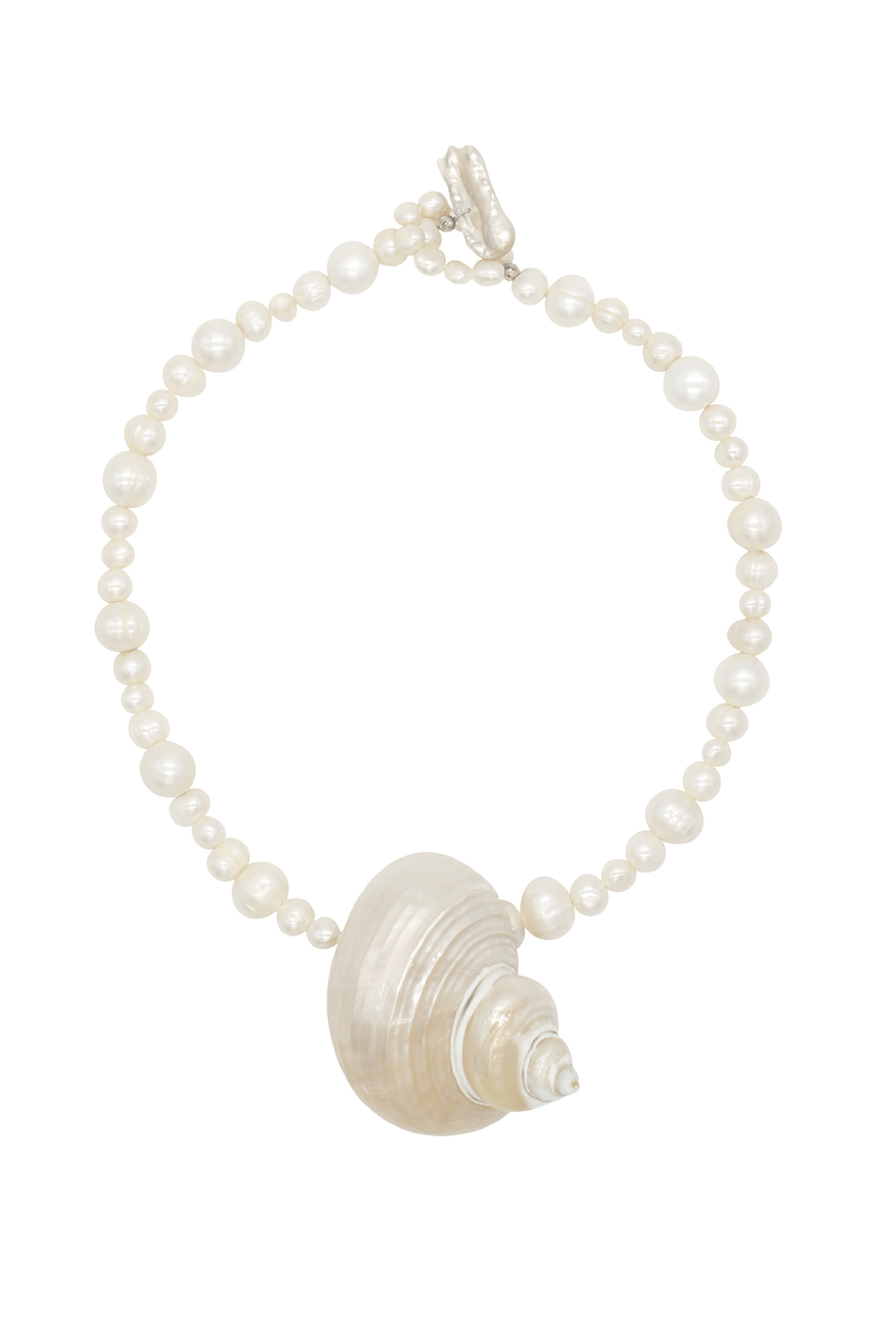 Teresa - Natural Pearls Statement Necklace With Seashell Pendant 16.5"