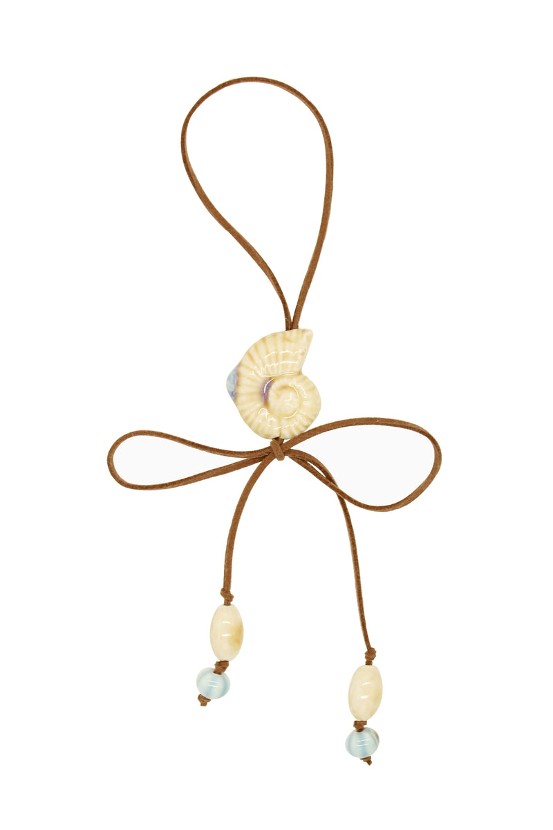 Brown Suede Cord Necklace With Ceramic Seashell Tie Charm.