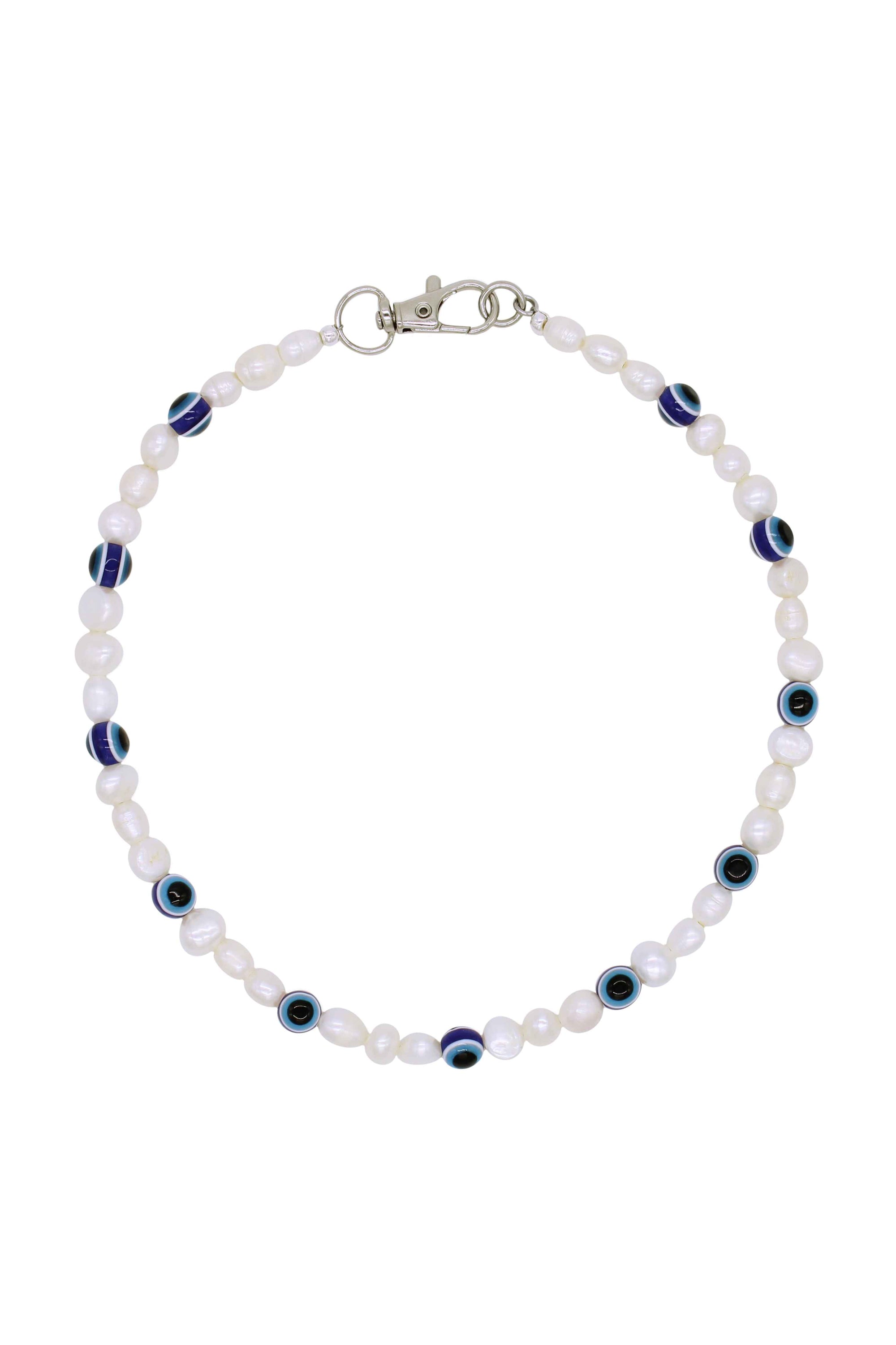Evil Eye Necklace - Natural Pearl Necklace With Eye Glass Beads 16″