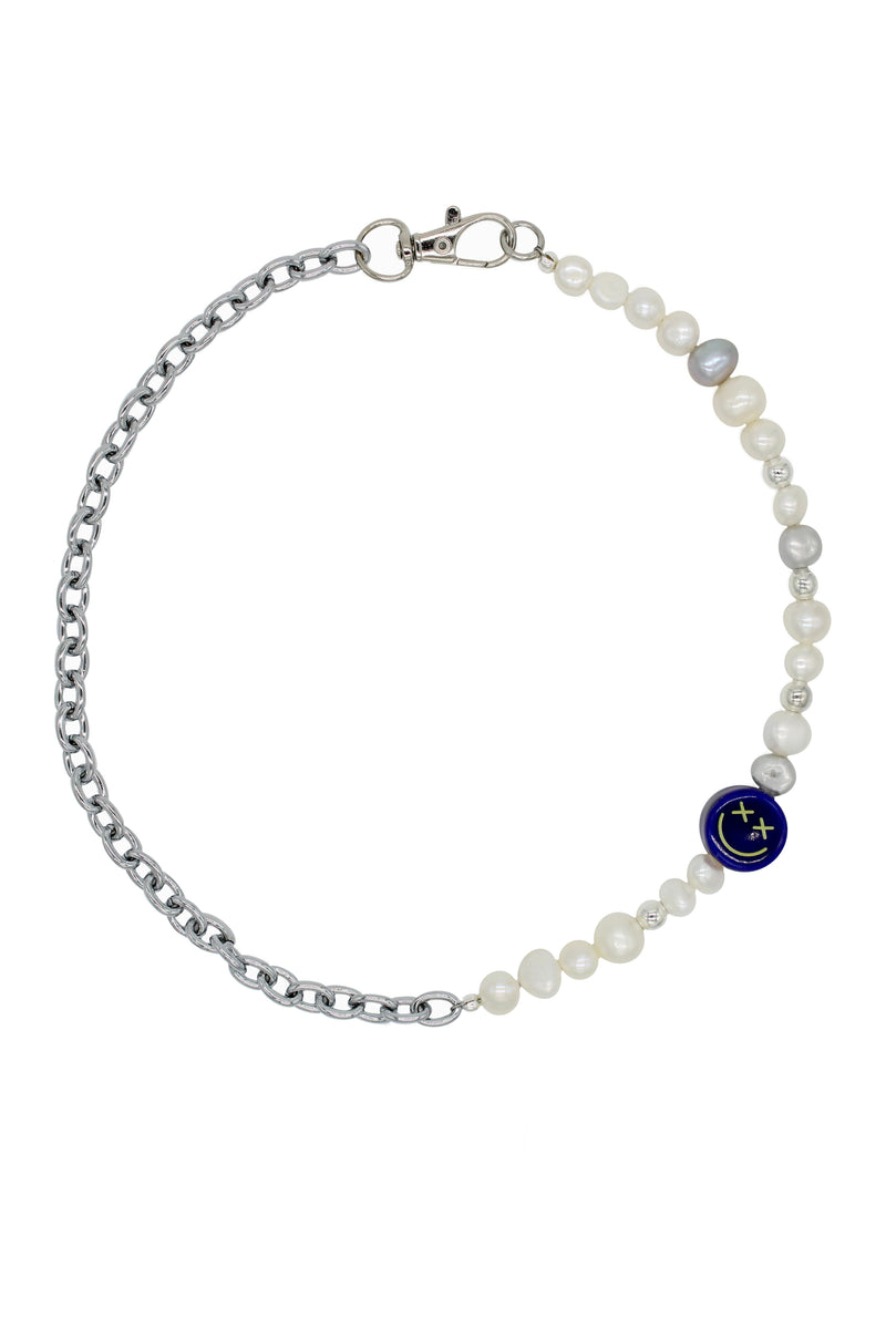 Feeling Blue - White Pearl Necklace With Steel Chain 18″