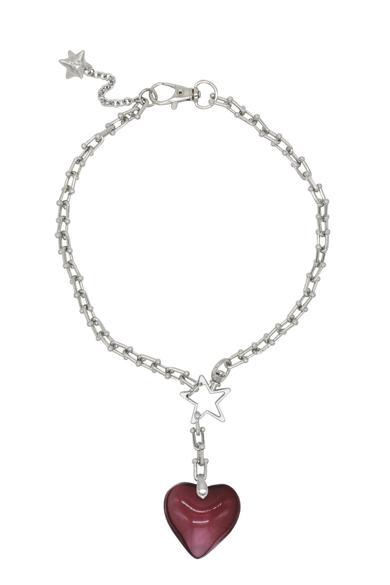 Blaze Heart - Steel Chain Necklace With Acrylic Red Heart Charm 16″.