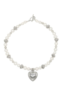 Steel Heart - Freshwater Pearl Necklace With Acrylic Heart Charm 15.7″