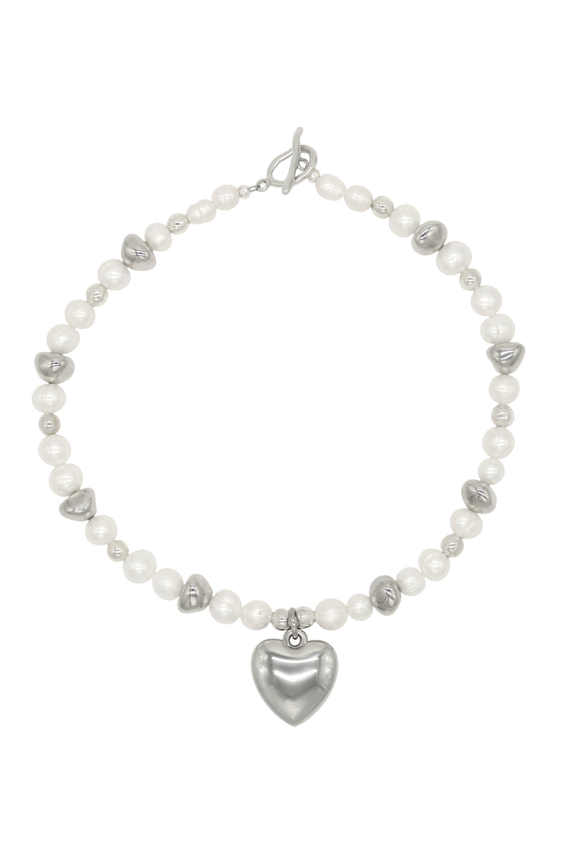 Steel Heart - Freshwater Pearl Necklace With Acrylic Heart Charm 15.7″