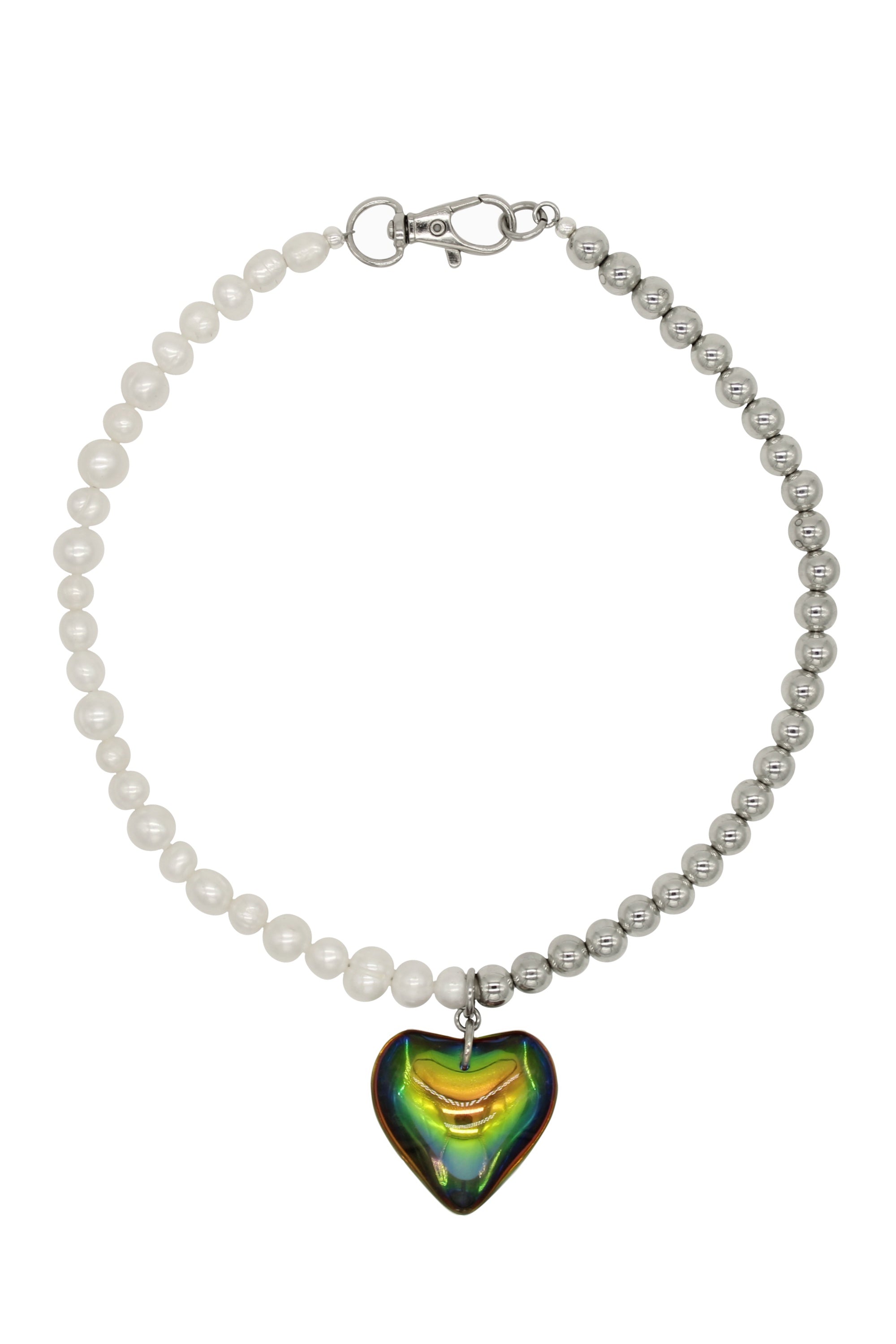 Dragon Eye - Freshwater Pearl And Steel Beads Necklace With Heart Charm 16.5″