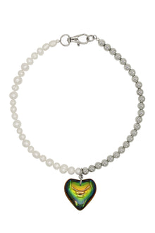 Dragon Eye - Freshwater Pearl And Steel Beads Necklace With Heart Charm 16.5″
