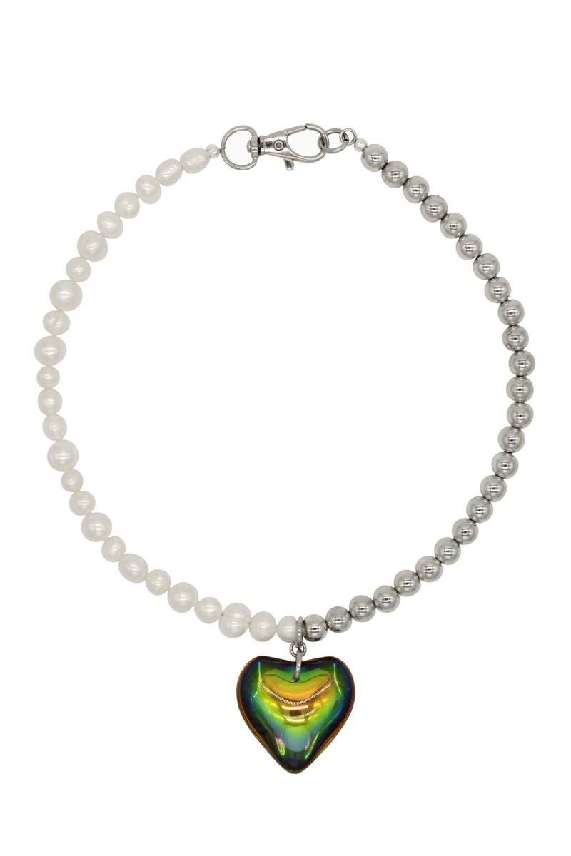 Dragon Eye - Freshwater Pearl And Steel Beads Necklace With Heart Charm 16.5″