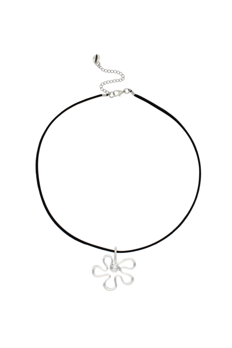 Phoebe Flower - Black Suede Cord Necklace With Steel Flower Charm 18″