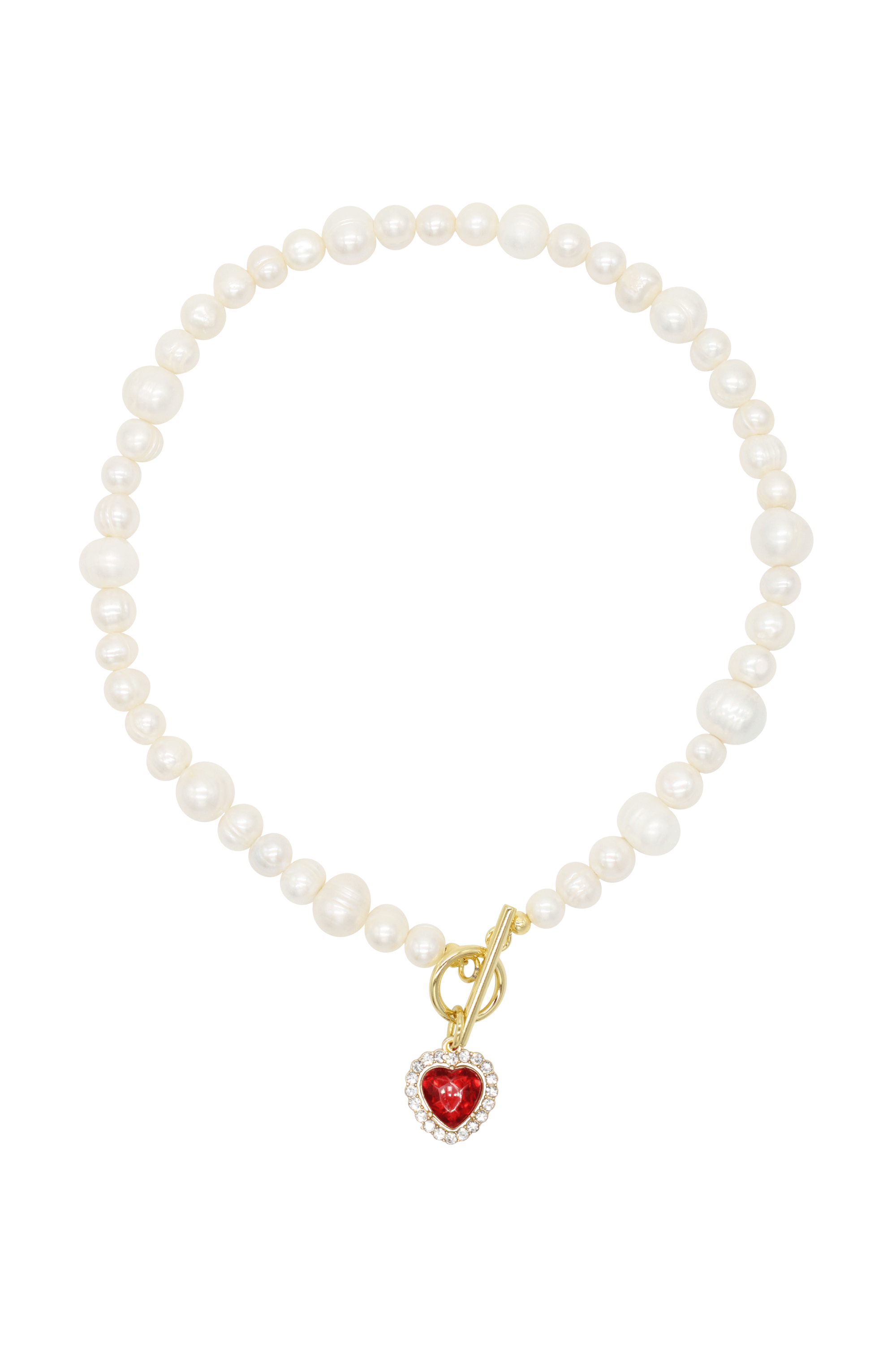 Milena Red - Freshwater Pearl Necklace With Red Heart Charm 15.0″