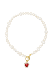 Milena Red - Freshwater Pearl Necklace With Red Heart Charm 15.0″