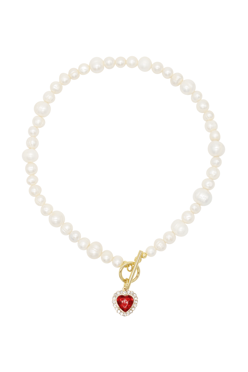 Milena Red - Freshwater Pearl Necklace With Red Heart Charm 15.0″