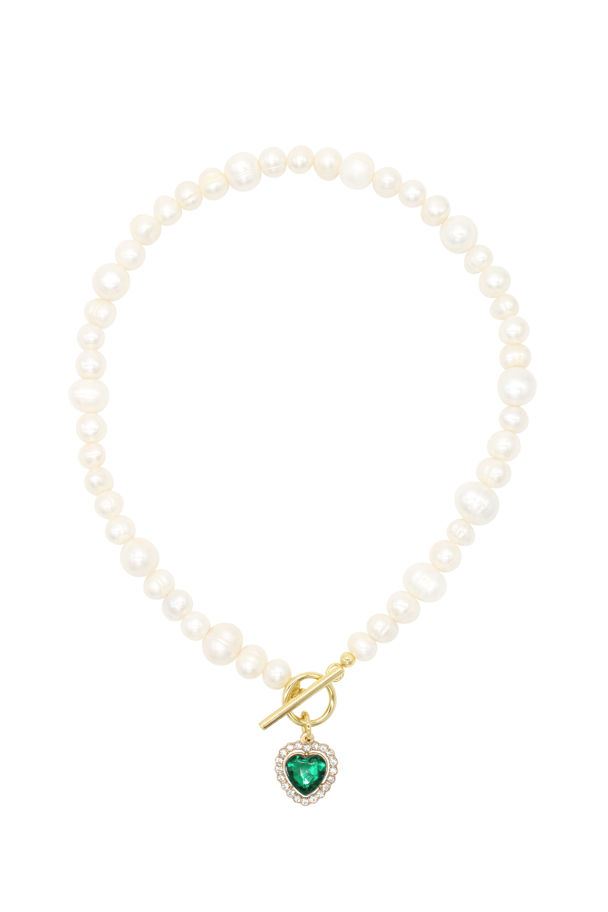 Milena Emerald - Freshwater Pearl Necklace With Green Heart Charm 15.0″