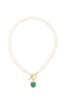Milena Emerald - Freshwater Pearl Necklace With Green Heart Charm 15.0″