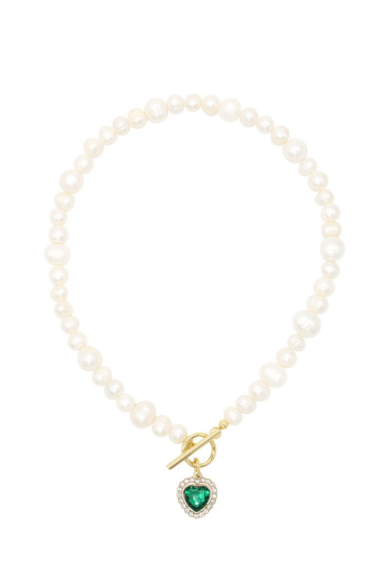 Milena Emerald - Freshwater Pearl Necklace With Green Heart Charm 15.0″