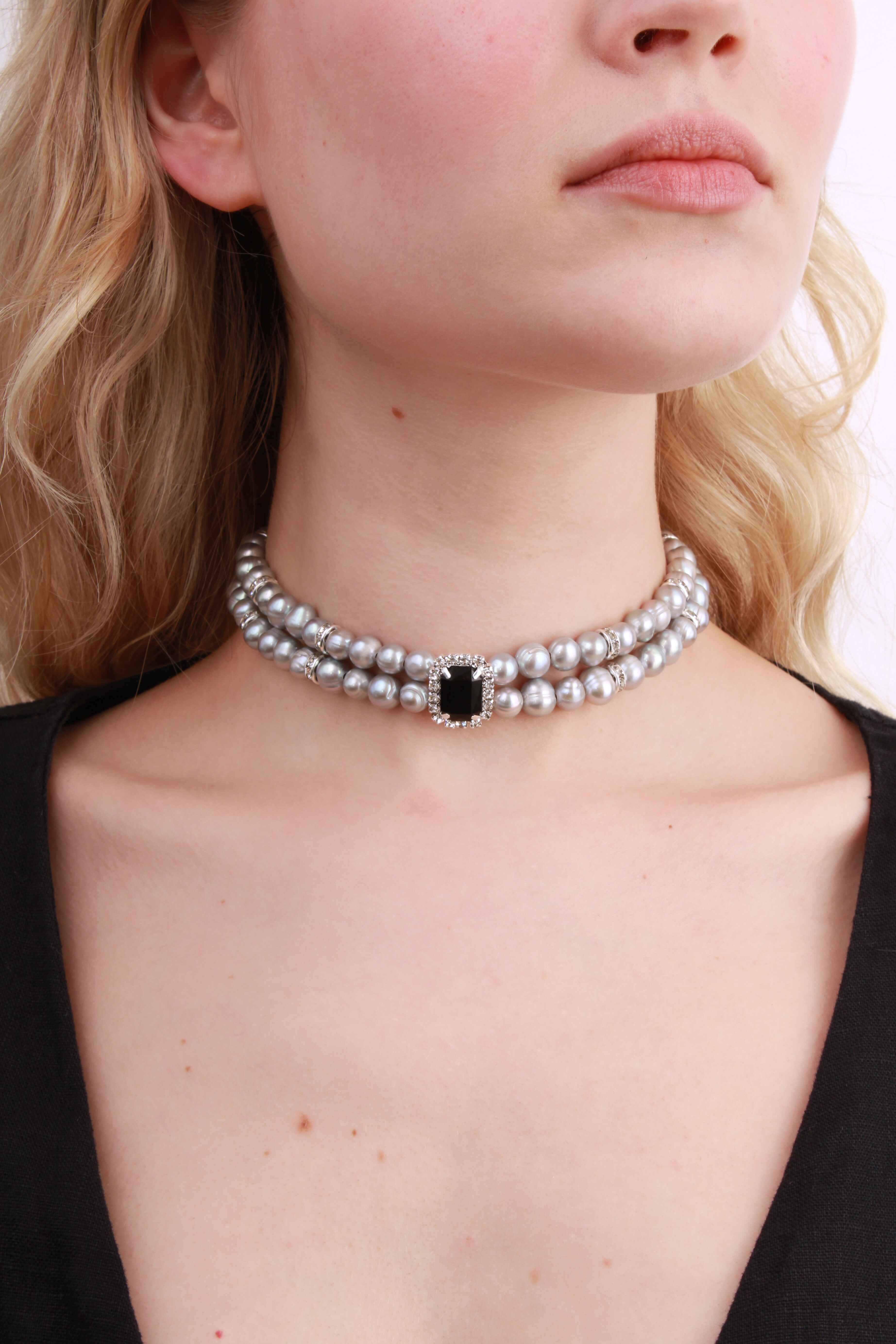 Victoria - Grey Pearl Choker Necklace With Black Rectangle Charm